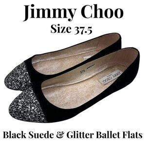 Jimmy Choo Black Suede & Glitter Cap-Toe Ballet Flats – Size 37.5 (US: 7/7.5)
